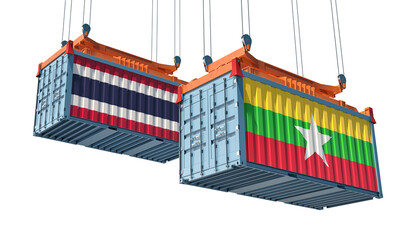 Cargo containers with Myanmar and Thailand national flags. 3D Rendering 