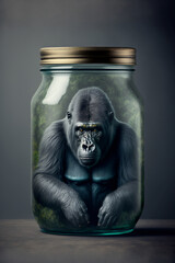Specimen of endangered mountain gorilla closed in a glass jar
