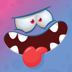 Funny cartoon monster character face expression showing long tongue. Illustration of cute and happy alien creature. Halloween design.