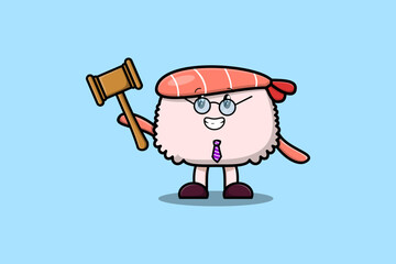 Cute cartoon mascot character wise judge Sushi shrimp wearing glasses and holding a hammer 
