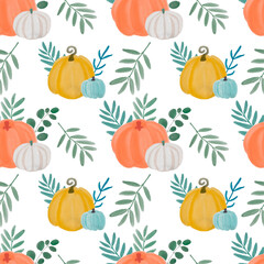 Orange pumpkin watercolor pattern. Watercolor pumpkins with floral elements. Autumn watercolor seamless background. Harvest Thanksgiving pumkin pattern. Autumn harvest blessing painted illustration