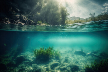 Obraz premium River underwater scene with sun rays, abstract underwater scene, and new ecology. Generative AI