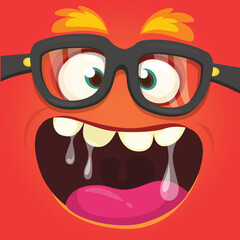 Fototapeta na wymiar Funny cartoon monster character face expression wearing eyeglasses. Illustration of cute and happy alien creature. Halloween design