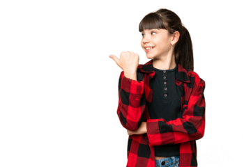 Little girl over isolated green chroma key background pointing to the side to present a product