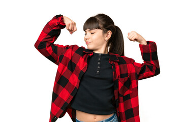 Little girl over isolated green chroma key background doing strong gesture