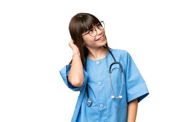 Little girl as a surgeon doctor over isolated chroma key background thinking an idea