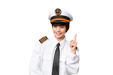 Little girl as a Airplane pilot over isolated chroma key background showing and lifting a finger in sign of the best