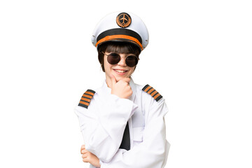 Little girl as a Airplane pilot over isolated chroma key background with glasses and smiling
