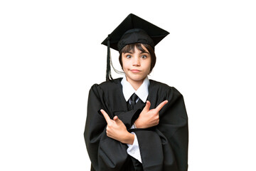 Little university girl over isolated background pointing to the laterals having doubts