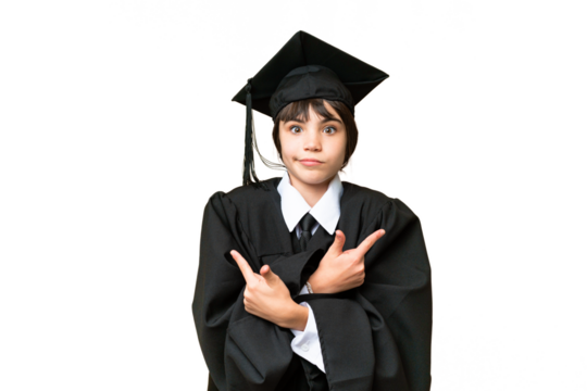 Little university girl over isolated background pointing to the laterals having doubts