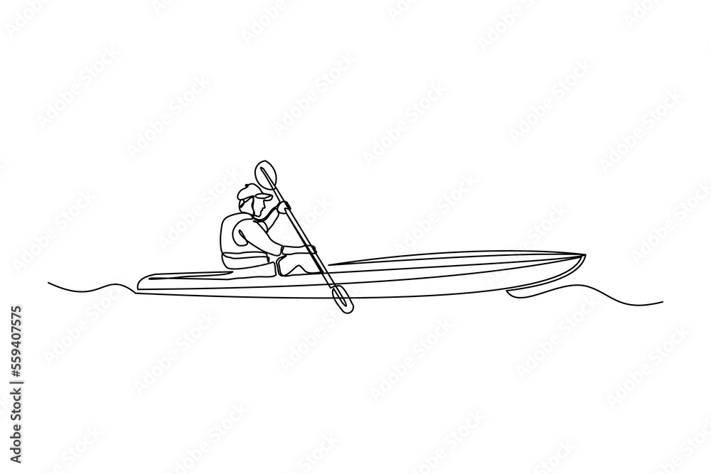 Wall mural continuous single one line drawing art of man rowing canoe. vector illustration of sport man paddle  - Wall murals