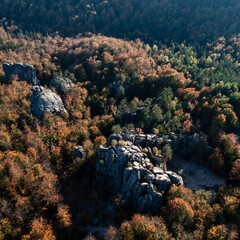 Dovbush rocks and a view of them from a height, a photo of Dovbush rocks from a drone in autumn.