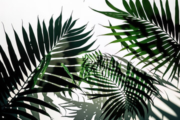 shadows and green palm leaves on a white backdrop. Generative AI