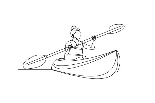 Continuous single one line drawing art of woman rowing canoe. Vector illustration of sport woman paddle kayak.