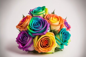 close up of rainbow-colored bouquet of roses on a white background to support the LGBTQI community. Concept of love, Valentines Day, Freedom to Marry Day, gay wedding celebration, generative ai