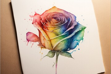 a watercolor painting of a rainbow rose on a white paper, desk surface background. Concept of love, Valentines Day, Freedom to Marry Day, gay wedding celebration, generative ai