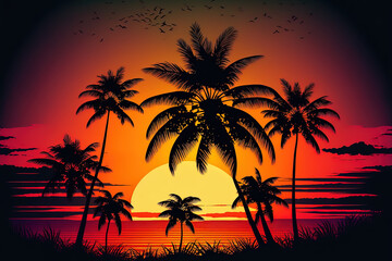 Obraz na płótnie Canvas Lovely outdoor scenery with a sky and sunrise or sunset around a coconut palm tree. Generative AI