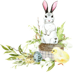 Cute watercolor easter illustration with flowers and animals