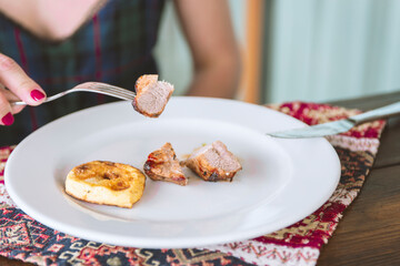 a piece of delicious homemade pancakes with bacon and potatoes