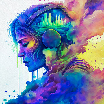  Young woman with headphones on abstract watercolor background with splashes, created with Generative AI