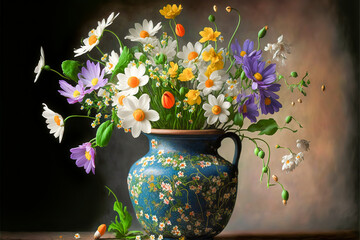 Colorful chamomile flowers in a flower vase. Generative AI.