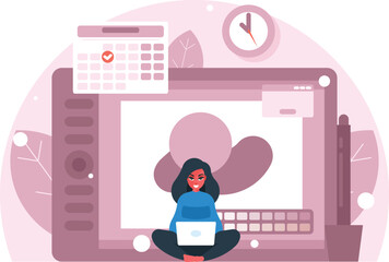 Female graphic designer on a background with huge graphics tablet, a stylus and a wall calendar. Female designer sitting in lotus pose with laptop and working. Vector graphics