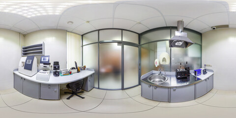 360 hdri panorama inside interior of modern research medical laboratory or ophthalmological clinic with equipment  in equirectangular spherical projection - obrazy, fototapety, plakaty