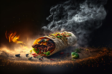 tasty burrito tortilla on a grill with smoke and fire background - obrazy, fototapety, plakaty