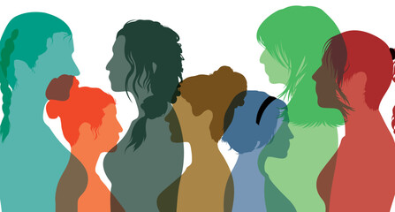 Women and girls of diverse cultures communicate and hang out. We're a group of multi-ethnic women who talk and share information. Community of women on social networks. Flat vector illustration