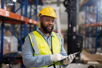 African american working in warehouse check forklift truck loading carton box smile portrait