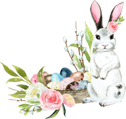 Cute watercolor easter illustration with flowers and animals