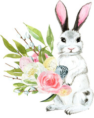Cute watercolor easter illustration with flowers and animals