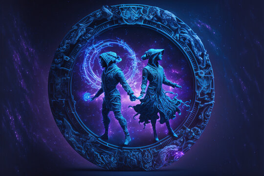 Graphic of two people. Gemini horoscope sign in twelve zodiac with galaxy background. (ai generated)