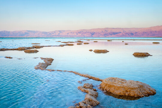 Dead Sea at sunset near Ein Bokek, Southern District, Israel