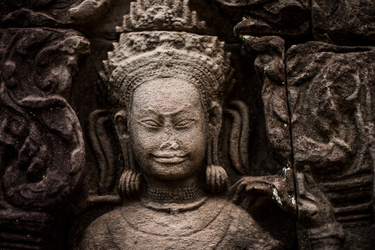Stone carved diety at the temple of , Angkor Wat, Siem Reap, Cambodia.