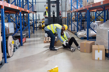 African american working in warehouse got accident from carry box, forklift truck working near by