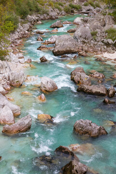 Emerald Soca river near Bovec, Triglav, Slovenia