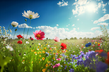 Fototapeta Illustration of a flower meadow in spring. Generative AI. obraz