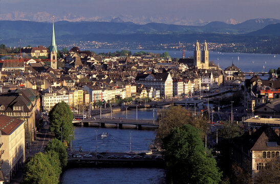 City of Zuerich with Alps and Lake Zuerich, Zuerich  Canton, Switzerland