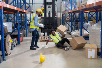 African american working in warehouse got accident from carry box, forklift truck working near by