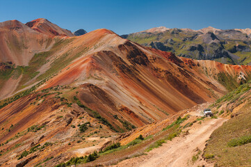 4x4 car driving near Red Mountain near Corkscrew Gulch, Alpine Loop, San Juan Mountains, Silverton, Colorado, USA