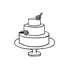 3 tiered minimalist wedding cake with flowers - hand drawn vector doodle drawing of a wedding cake