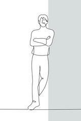 tall man crossed his arms and leaned against the wall - one line drawing vector. concept high growth