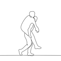 man carries another - one line drawing vector. concept piggyback