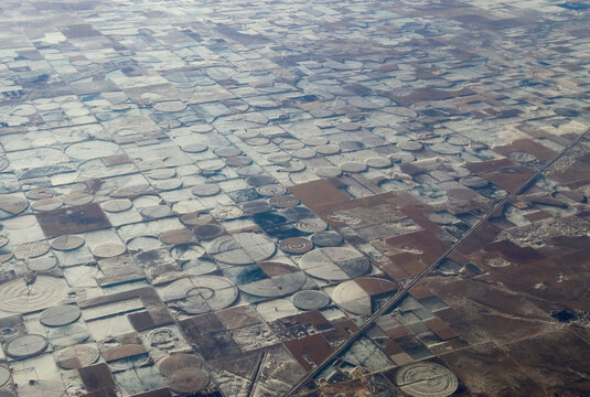 Aerial view of fields in the countryside in New Mexico, United States.