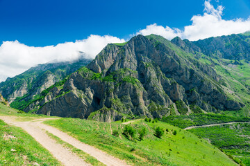 A beautiful view of the green mountains of the Karmadon Gorge of the North Caucasus. Russia