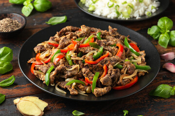 Crispy Salt and Pepper Beef with onion and bell peppers