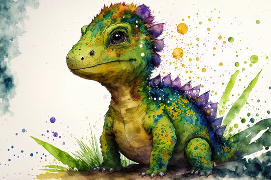 adorable baby dinosaur painted by hand in watercolor. Generative AI