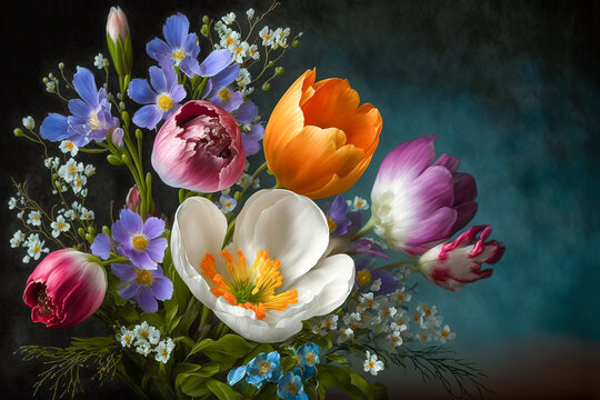 Spring flowers in a flower vase. Generative AI.