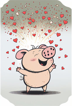 Happy pig in a firework of hearts. Valentine's Day. AI generated
